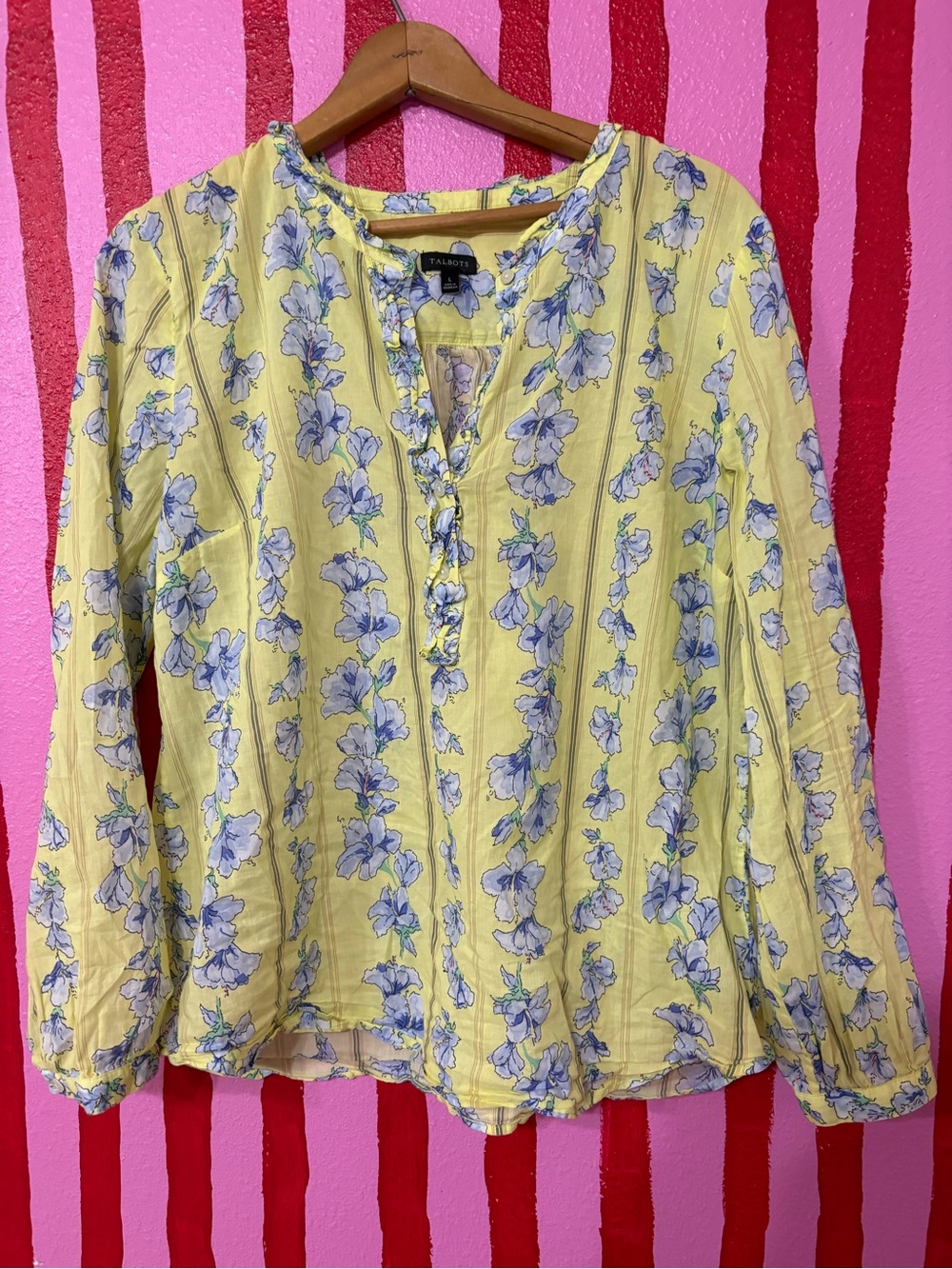 Talbots Yellow Floral Button-Front Peasant Blouse with Blue Flowers